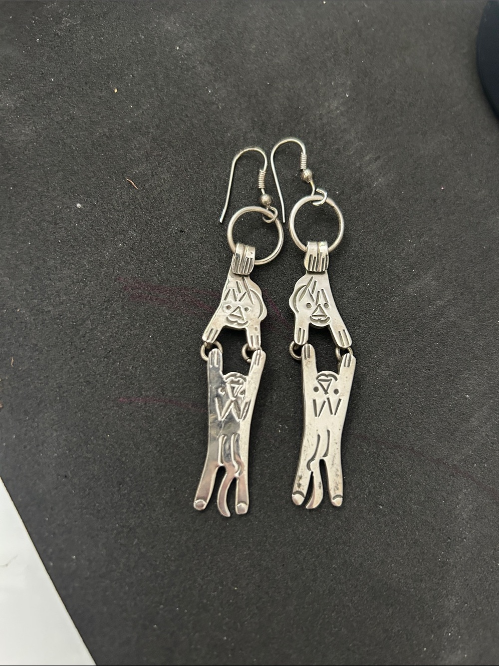 Vintage Pure 925 Silver Hanging Cat Figures Dangle Earrings - Women Jewelry